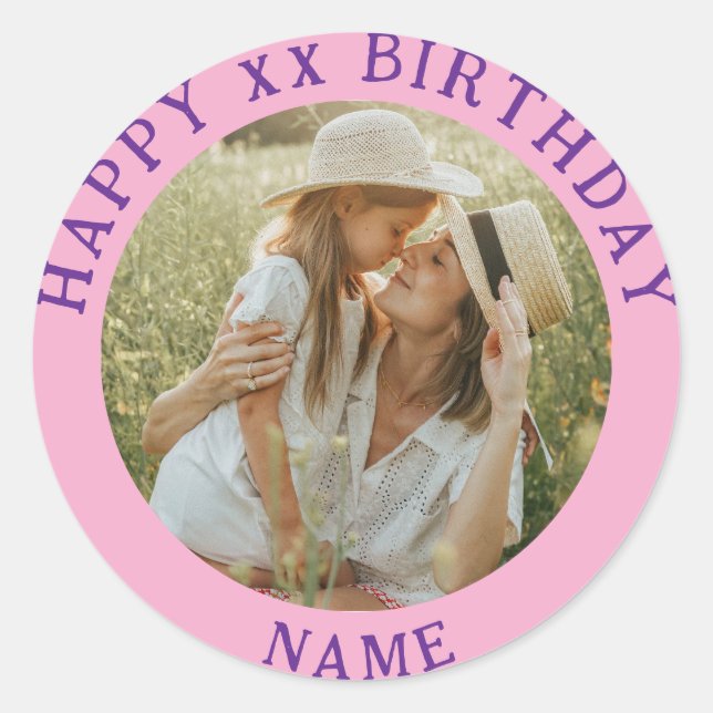 Personalised Photo, Name And Age Birthday Classic Classic Round Sticker (Front)