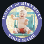Personalised Photo, Name And Age Birthday Classic Classic Round Sticker<br><div class="desc">Personalised Photo Name And Age Birthday Classic

Adorable personalised photo,  name and age birthday classic round sticker.
sweet, happy birthday, add photo, script typography calligraphy, adorable trendy chic, love heart shape, add name age, girls Boys daughter granddaughter sister, gift wrapping, party supplies labels</div>