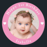 Personalised Photo, Name And Age Birthday Classic Round Sticker<br><div class="desc">Adorable personalised photo,  name and age birthday pink classic round sticker.</div>