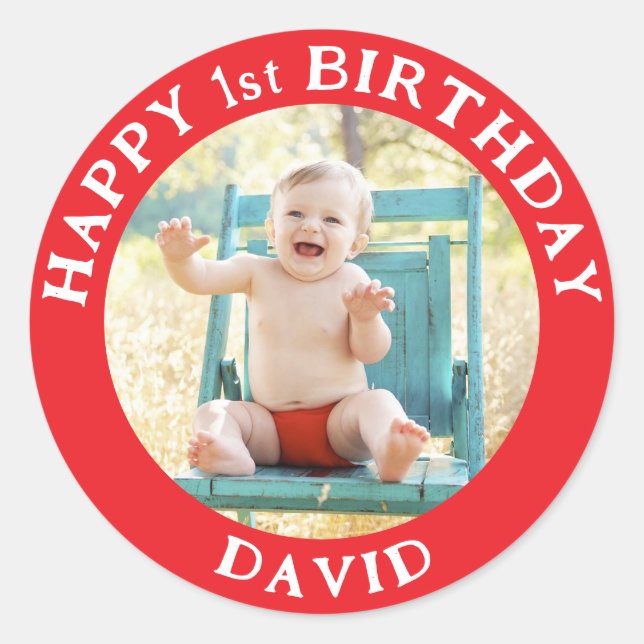Personalised Photo, Name And Age Birthday Classic Round Sticker (Front)