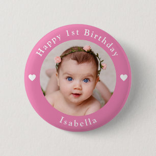 Personalised Photo, Name And Age Birthday Pink 6 Cm Round Badge