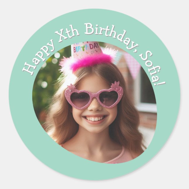 Personalised Photo Name and Age Happy Birthday  Classic Round Sticker (Front)
