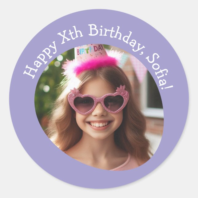 Personalised Photo Name and Age Happy Birthday  Classic Round Sticker (Front)