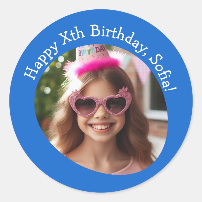 Personalised Photo Name and Age Happy Birthday  Classic Round Sticker (Front)