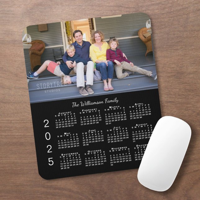 Personalised Photo Name Black 2025 Calendar Mouse Mat (Personalized Photo Name Black 2025 Calendar Mouse Pad in situ)