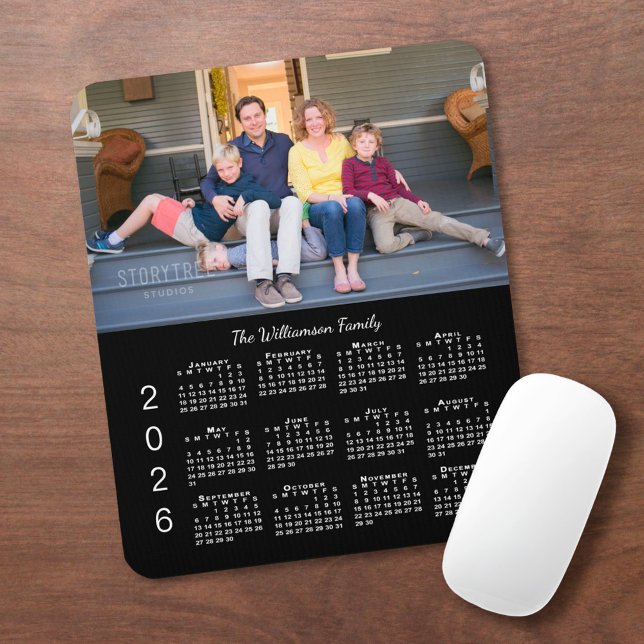 Personalised Photo Name Black 2026 Calendar Mouse Mat (Personalized Photo Name Black 2026 Calendar Mouse Pad, in situ)