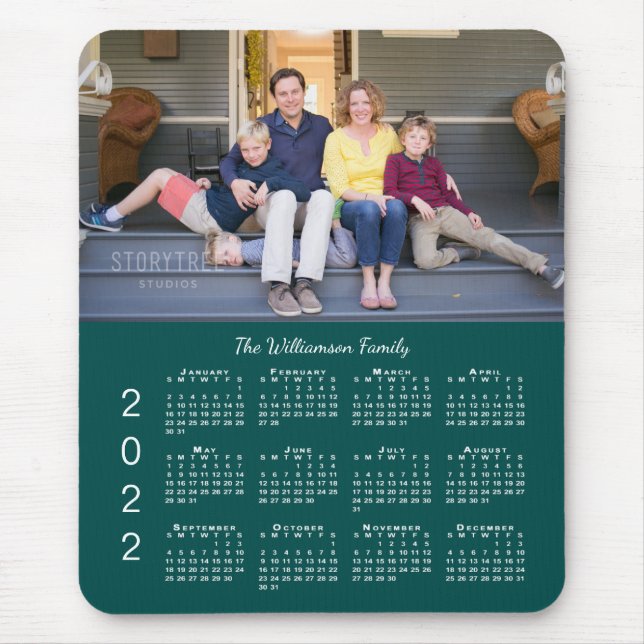 Personalised Photo Name Blue Green 2022 Calendar Mouse Mat (Front)