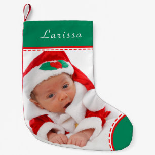 Personalised Photo Name Green Trim Christmas Small Christmas Stocking