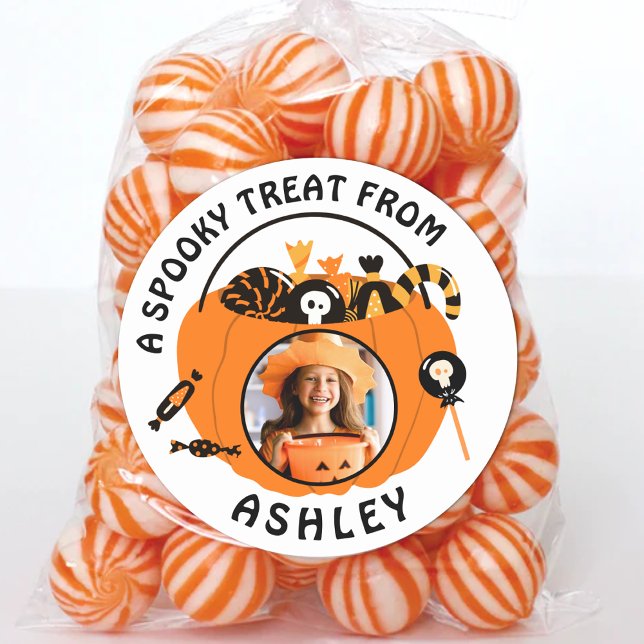 Personalised Photo Name Halloween Candy Treat Classic Round Sticker (Personalized Photo Name Kids Halloween Candy Bucket Stickers Custom Treat Labels for Classroom Party)