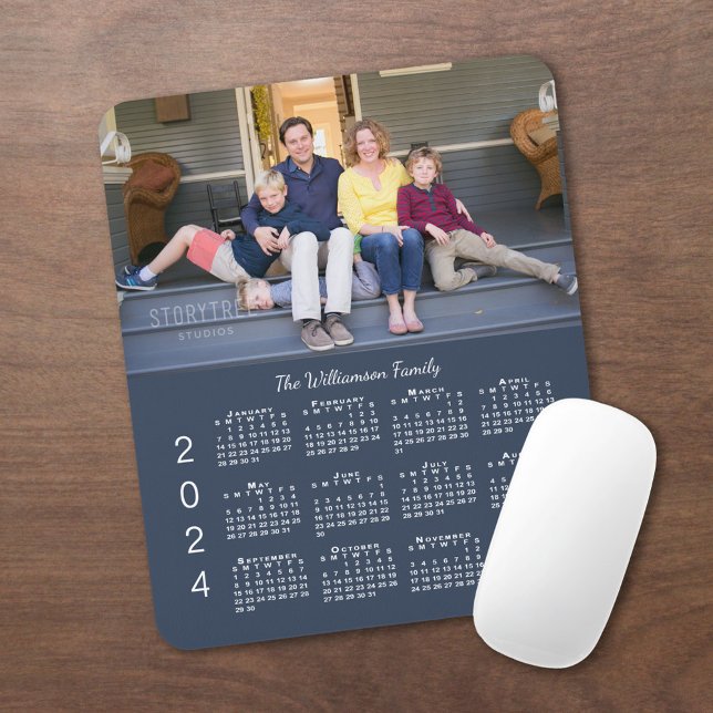 Personalised Photo Name Navy Blue 2024 Calendar Mouse Mat (2024 Calendar Personalized Photo and Name Navy Blue Mouse Pad, In Situ)