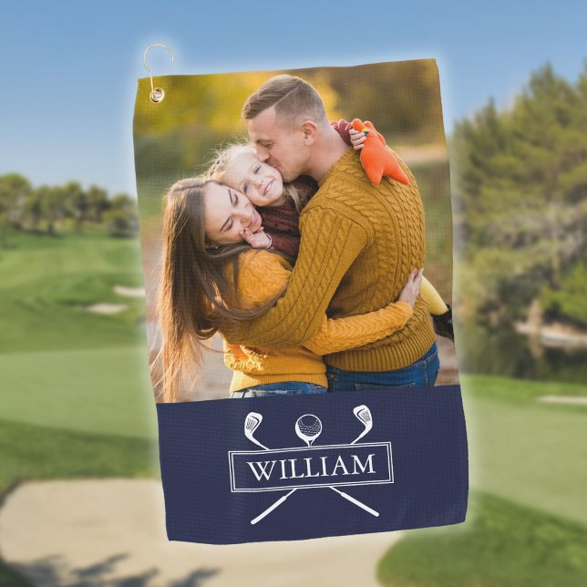 Personalised Photo Name Navy Blue Golf Clubs Ball Towel (Personalized Photo Name Navy Blue Golf Clubs Ball Golf Towel)