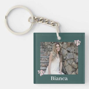 Personalised Photo Name Pink Floral Hunter Green Key Ring