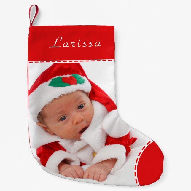Personalised Photo Name Red Trim Christmas Small Christmas Stocking (Front)