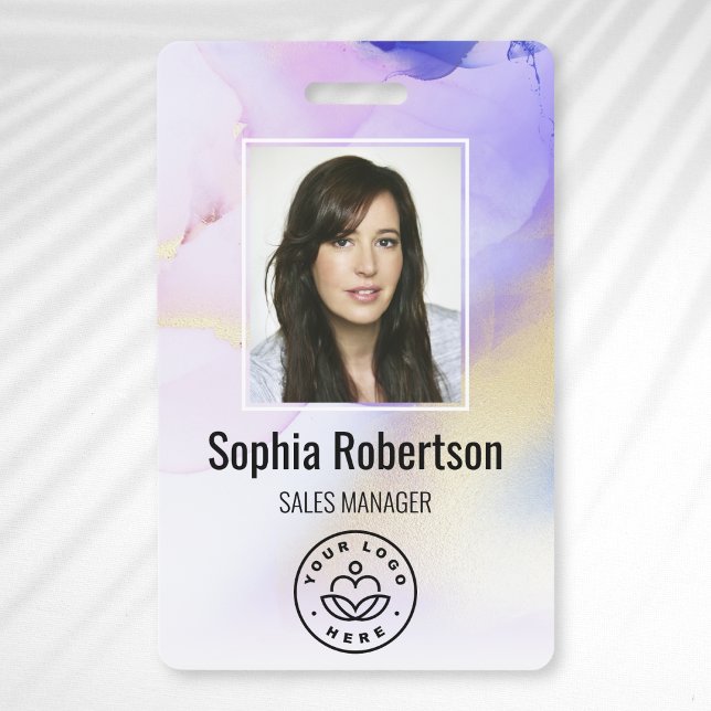 Personalised Photo Name Violet Watercolor Employee ID Badge (Creator Uploaded)