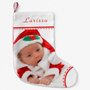 Personalised Photo Name White red Trim Christmas Small Christmas Stocking