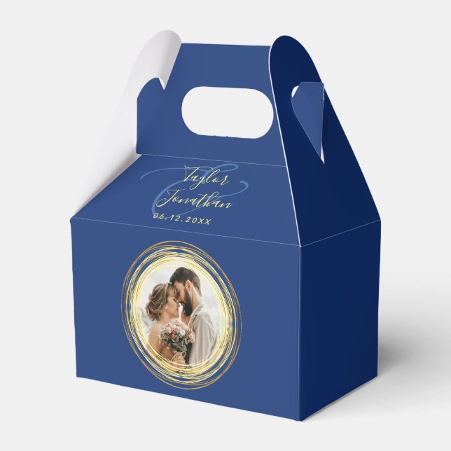 Personalised Photo Navy Blue Gold Wedding Minimal Favour Box (Front Side)