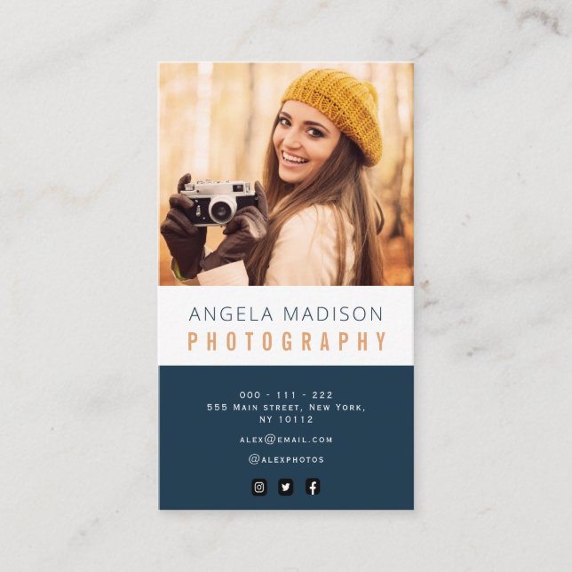 personalised photo navy blue trendy photographer business card (Front)