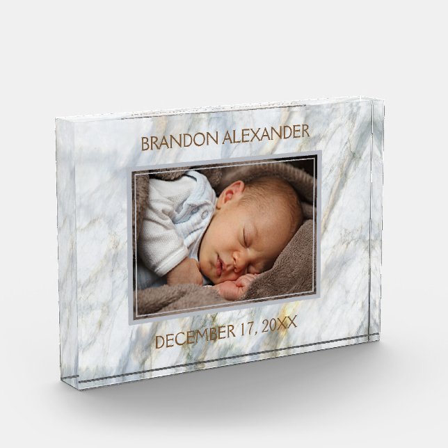 Personalised Photo On Elegant Blue Marble Pattern Block (Left)