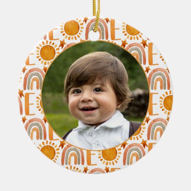 Personalised Photo "One" Rainbow & Sunshine Ceramic Tree Decoration (Front)