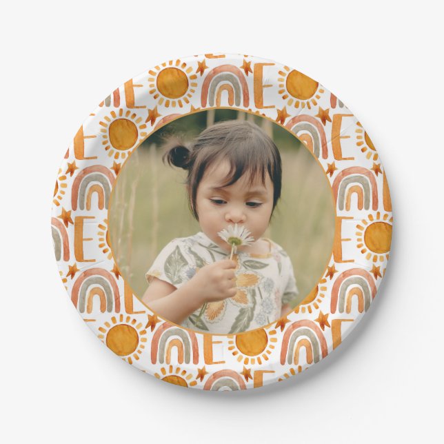 Personalised Photo "One" Rainbow & Sunshine  Paper Paper Plate (Front)