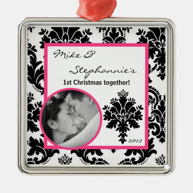 Personalised Photo Ornament Black Hot Pink Damask (Front)