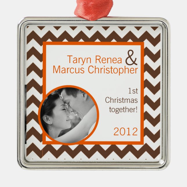 Personalised Photo Ornament Brown Orange Chevron (Front)