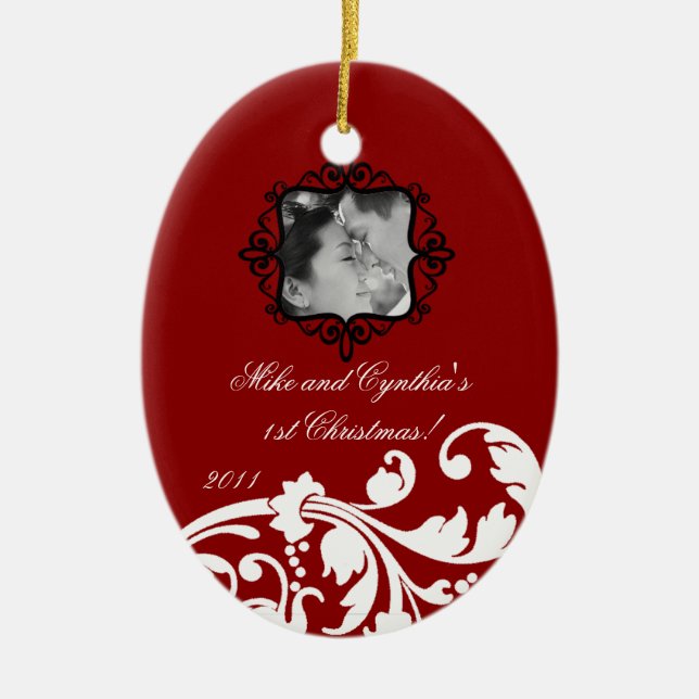 Personalised Photo Ornament Crimson Red Floral (Front)