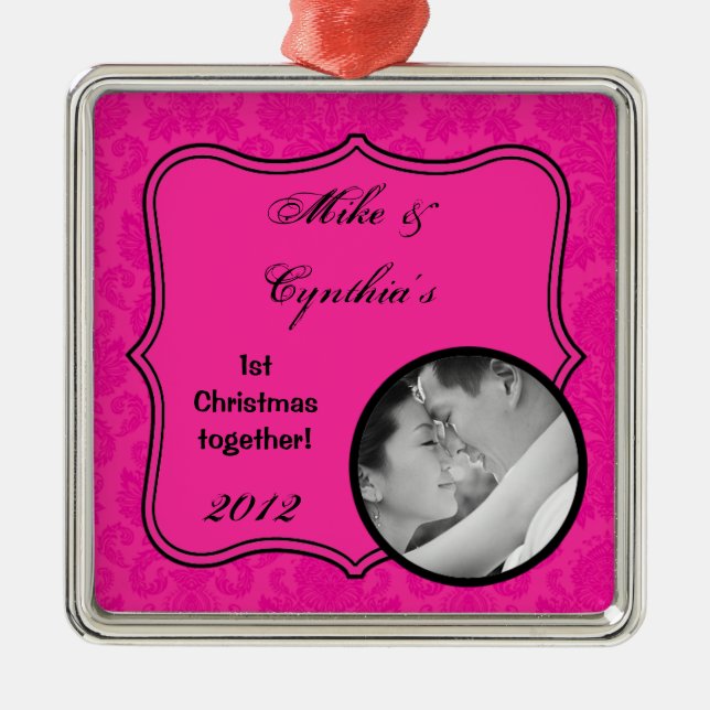 Personalised Photo Ornament Hot Pink Damask Lace (Front)