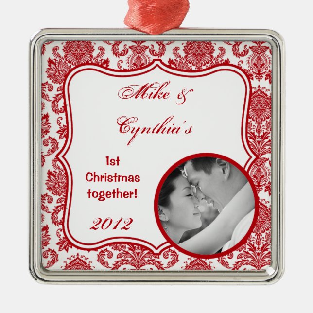 Personalised Photo Ornament Red White Damask Lace (Front)