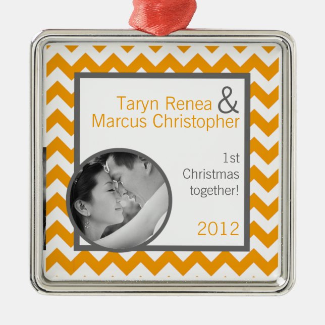Personalised Photo Ornament Yellow Grey Chevron (Front)