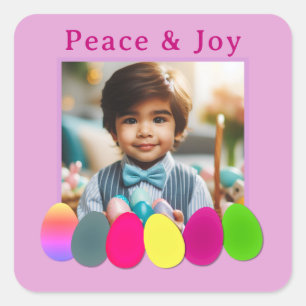 Personalised Photo Peace Joy Coloured Eggs Easter  Square Sticker