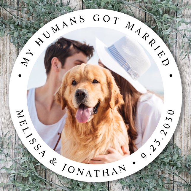 Personalised Photo Pet Dog Just Married Wedding Classic Round Sticker (Creator Uploaded)