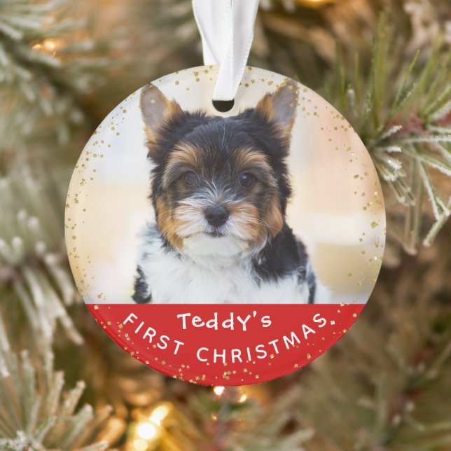 Personalised Photo Pet Dog Puppy Holiday Red Gold Ornament (Tree)