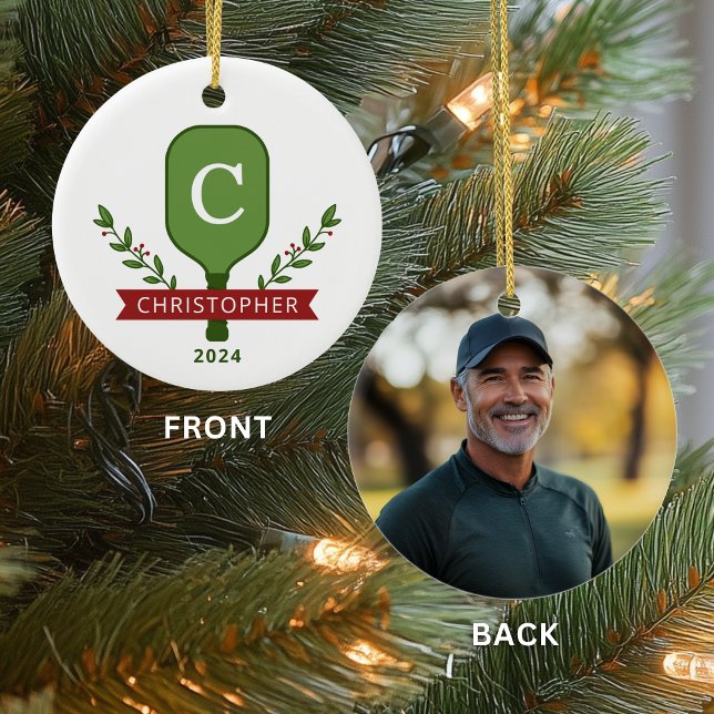 Personalised Photo Pickleball Christmas Ornament (Front + Back on a Ceramic Circle Ornament)