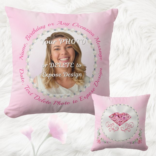 Personalised Photo Pillow, Pink Birthday Presents Cushion (Pink Throw Pillow. Photo birthday gifts. Pink birthday presents. Light Pink birthday gifts. Picture.)