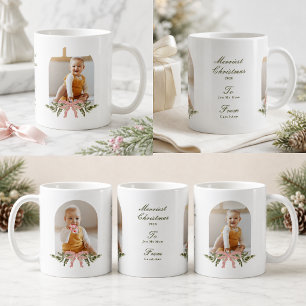 Personalised Photo Pink Bow Greenery Christmas Coffee Mug