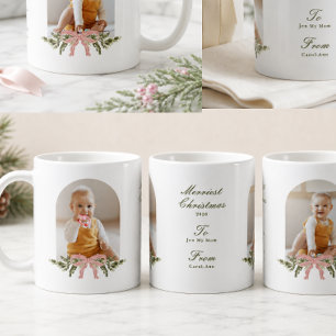 Personalised Photo Pink Bow Greenery Christmas Coffee Mug