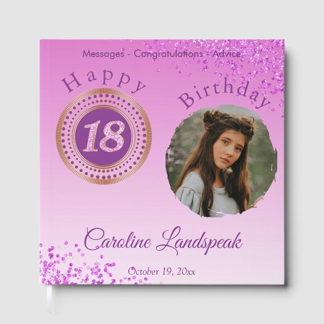 Personalised Photo Pink Glitter, 18th Birthday Guest Book (Front)
