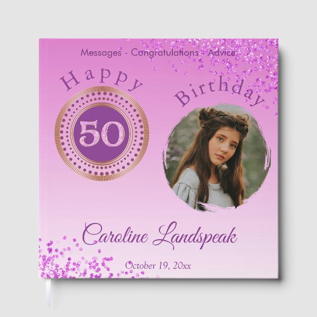 Personalised Photo Pink Glitter, 50th Birthday Guest Book (Front)