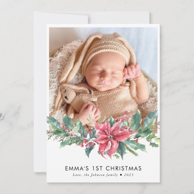 Personalised Photo Poinsettia Baby's 1st Christmas Announcement (Front)
