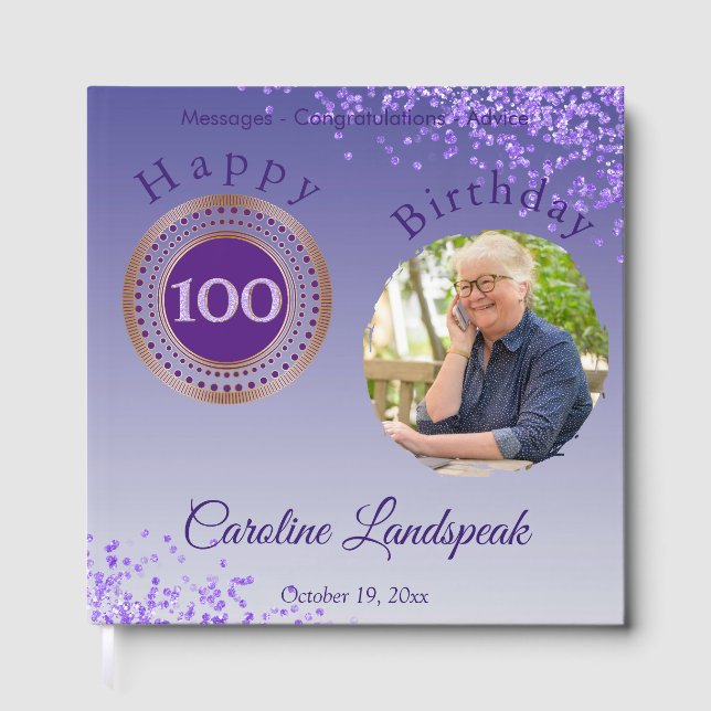 Personalised Photo Purple Glitter, 100th Birthday Guest Book (Front)