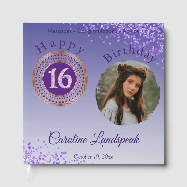 Personalised Photo Purple Glitter, 16th Birthday Guest Book (Front)