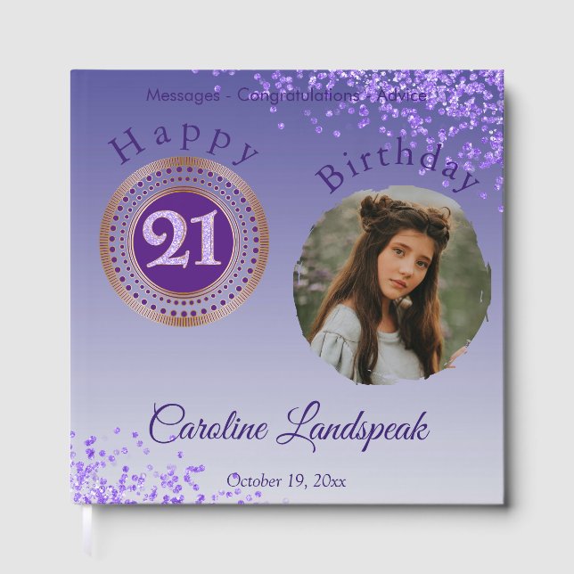 Personalised Photo Purple Glitter, 21st Birthday Guest Book (Front)