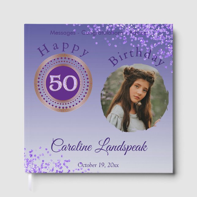 Personalised Photo Purple Glitter, 50th Birthday Guest Book (Front)