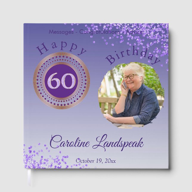 Personalised Photo Purple Glitter, 60th Birthday Guest Book (Front)