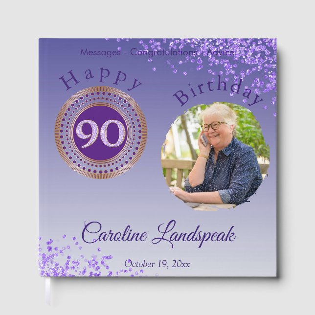 Personalised Photo Purple Glitter, 90th Birthday Guest Book (Front)