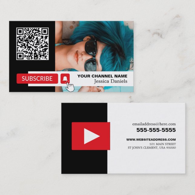 Personalised Photo & QR Code, Youtube - Vlogger Business Card (Front/Back)