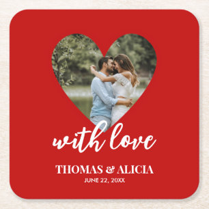 Personalised Photo Red Heart Frame Modern Wedding  Square Paper Coaster