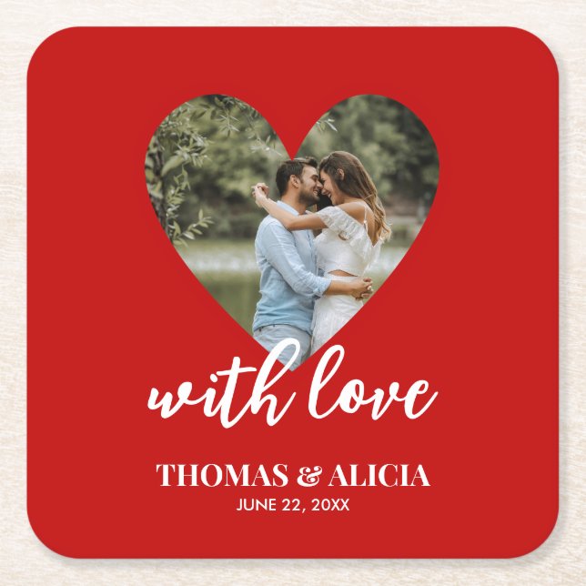 Personalised Photo Red Heart Frame Modern Wedding  Square Paper Coaster (Front)