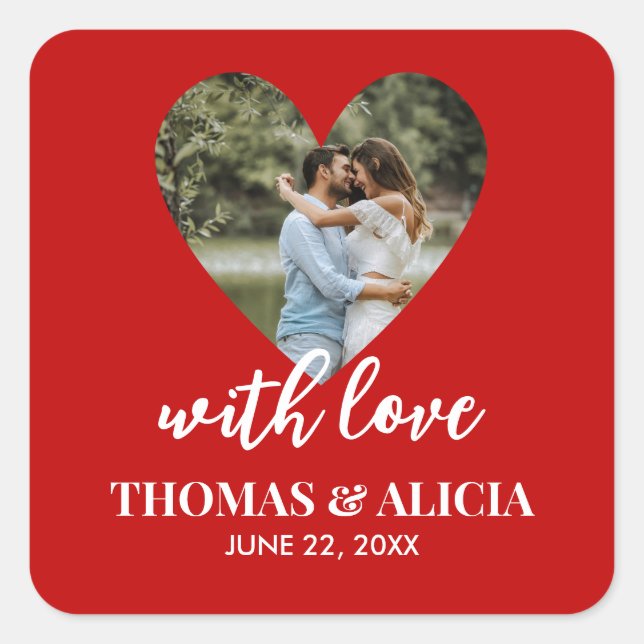 Personalised Photo Red Heart Frame Modern Wedding Square Sticker (Front)